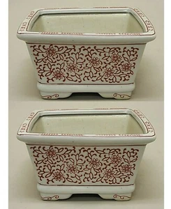Planter Container White Ceramic with Red Print Bonsai Tray 7.5"Sq 4"High PAIR - Picture 1 of 4