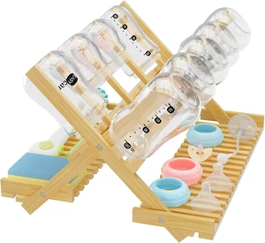 Baby Bottle Drying Rack, Foldable, Vertical, Bamboo Milk Bottle and Accessories - Picture 1 of 12