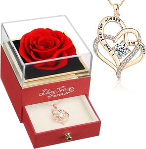 Forever Real Rose with Heart Necklace, Preserved Flowers Gifts for Mom, Wife and - Picture 1 of 6