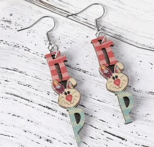 Easter Hop Earrings Wooden Dangle Jewelry Bunny - Picture 1 of 1