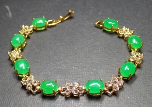 Genuine Green Jade Cabochon Bead Cubic Zirconia Flower 18KGP Bangle Bracelet - Picture 1 of 4