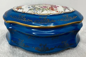 Portagioie grande Limoges D'Art Tirage Reserve floreale blu e oro - 8" - Foto 1 di 10