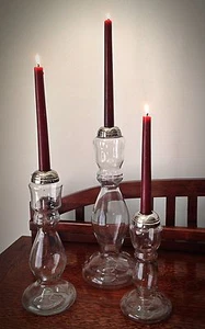 Rare Unique Hand Blown Glass Candle Holders With Silver?/Silverplate Tops - Picture 1 of 7