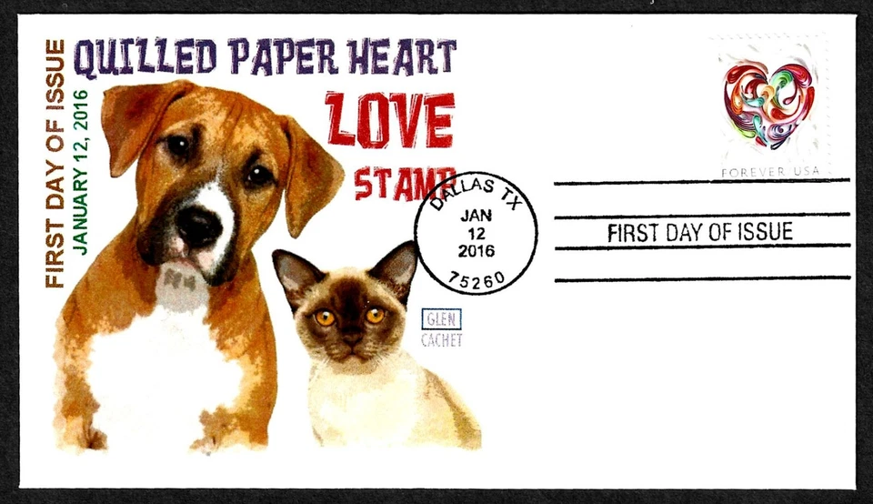 USA, SCOTT # 5036, GLEN FDC COVER PETS CAT & DOG, QUILLED PAPER HEART YEAT 2017 - Image 1 of 1