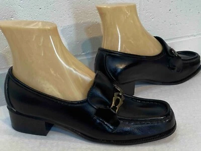Sz 6.5 NOS Vtg 70s MOD Chunky Loafer Shoe Block Heel Black Leather Delmar Belted - Image 1 of 4