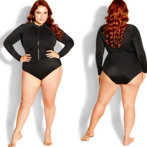 Neu mit Etikett City Chic schwarzer Langarm Reißverschluss vorne Einteiler Rash Guard Badeanzug 20 - Bild 1 von 12