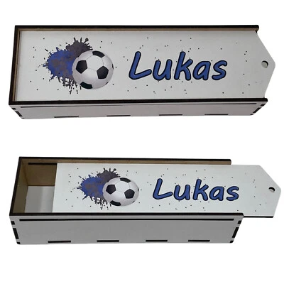 FADENSALAT Stiftebox aus Holz personalisiert Geschenk Einschulung Stifte Etui Fussball Blau