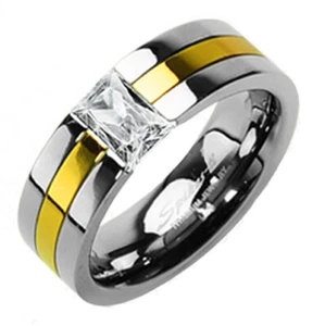 CLOSEOUT! Titanium Gold Stripe Emerald Cut CZ Wedding Band Ring Size 5 - Picture 1 of 1