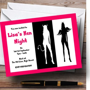 Angel And Devil Black White Pink Personalised Hen Do Night Party Invitations - Picture 1 of 1