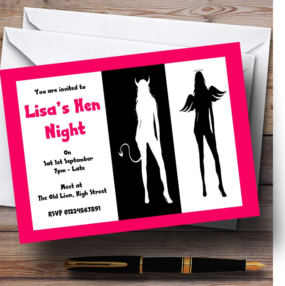 Angel And Devil Black White Pink Personalised Hen Do Night Party Invitations - Image 1 of 1