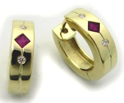 New Earrings Drop Hoop Ruby Brilliant 0,04 CT Real Gold 585 Yellow Diamond - Image 1 of 4