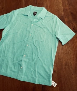 Vintage GAP Linen Rayon Loop Collar Shirt Mens M Green Y2K Short Sleeve Stretch - Picture 1 of 13