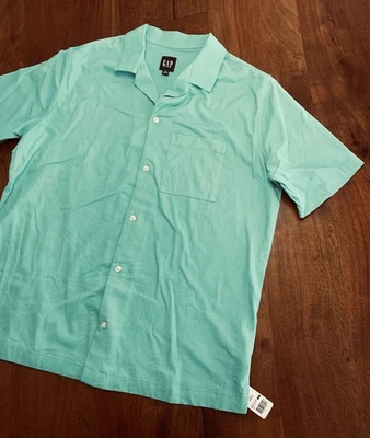 Vintage GAP Linen Rayon Loop Collar Shirt Mens M Green Y2K Short Sleeve Stretch - Image 1 of 4