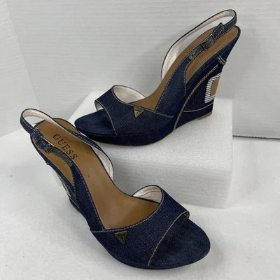 Vtg Guess Denim wedge heels Sandals Adj Strap gold charms 9.5 y2k 90s - Image 1 of 4
