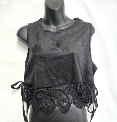 ZARA FAUX 绒面革袖黑色蕾丝短上衣侧领带 36 英寸 17 码长 — 第 1/2 张图片