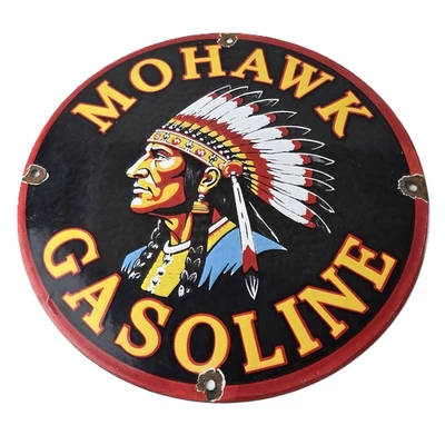 Vintage Mohawk Gasoline Sign - Gas Porcelain Service Native American Indian Sign - Image 1 of 4