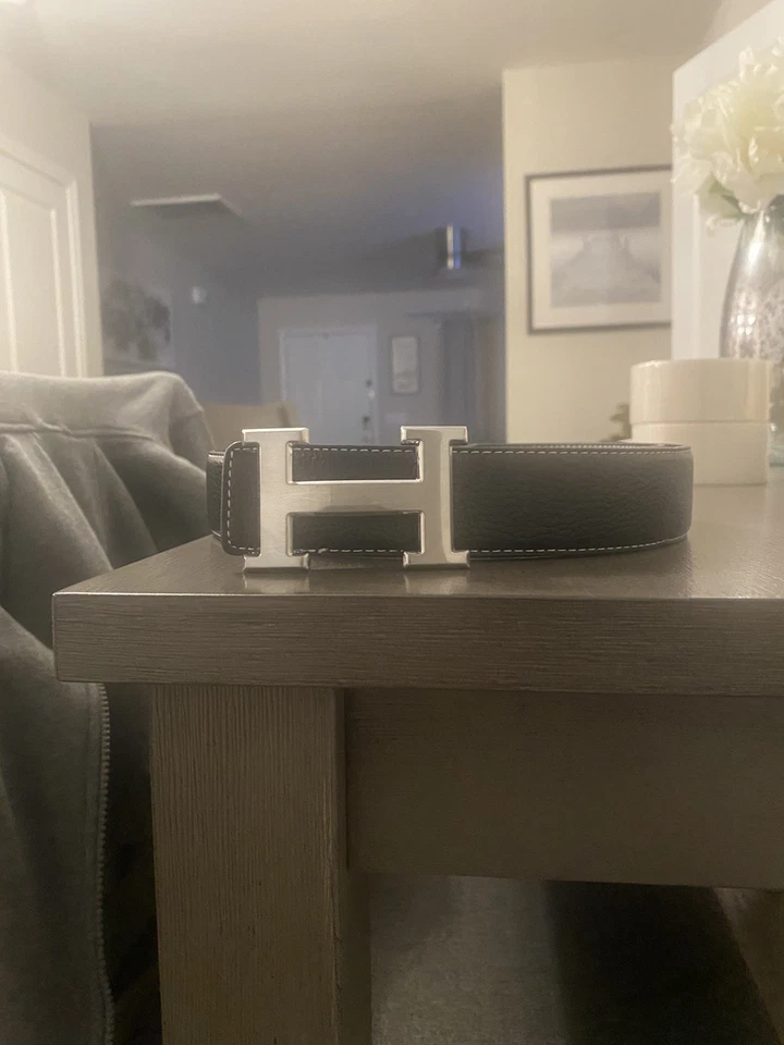 Hermes Black Leather Belt Silver/Chrome Buckle Mens Waist Size 32-36 - Image 1 of 4