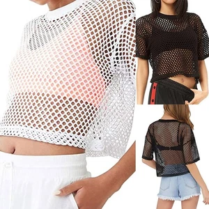 Women Fishnet Tank T-Shirt Blouse Casual T-Shirt Crop Tops Mesh One Size - Picture 1 of 12