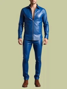 Men's Blue Biker Leather Jacket & Pant| Genuine Soft Sheepskin leather Outfit XL - Picture 1 of 4