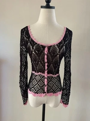 Vintage 90s Betsey Johnson New York Pink & Black Crochet Cardigan - Image 1 of 4
