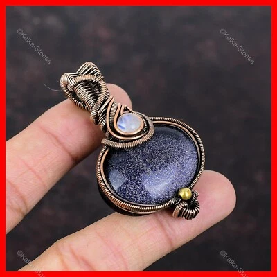 Cobre Natural Azul Piedra Solar Arco Iris Piedra Lunar Esposa Alambre Envuelto Colgante Joyería Foto 1 de 4