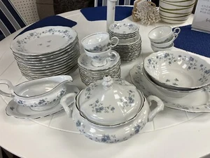 51-Piece Haviland Dinner Set, Blue Garland, Platinum Rim, W/Serving Pieces - Picture 1 of 6