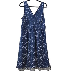 Womens 14 Navy Polka Dot Dress Sleeveless V-Neck Lined Chiffon Ruched Waistband - Picture 1 of 11