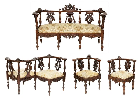 Antique Parlor Set, Italian Renaissance-Revival Five-Piece Walnut-Carved, 1800s! Cover