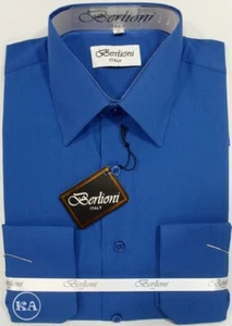 ROYAL BLUE BERLIONI MEN'S DRESS SHIRT FRENCH CONVERTIBLE CUFF DRESS SHIRT - Picture 1 of 2