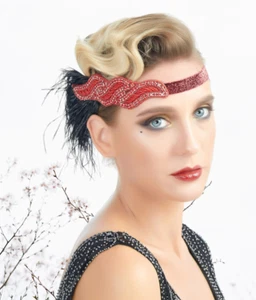 Fascia rossa strass anni '20 copricapo nero flapper grande Gatsby ruggente anni '20 - Foto 1 di 2
