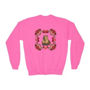 Capybara Valentine's Day Sweater Floral and Hearts Youth Crewneck Sweatshirt - Picture 1 of 17