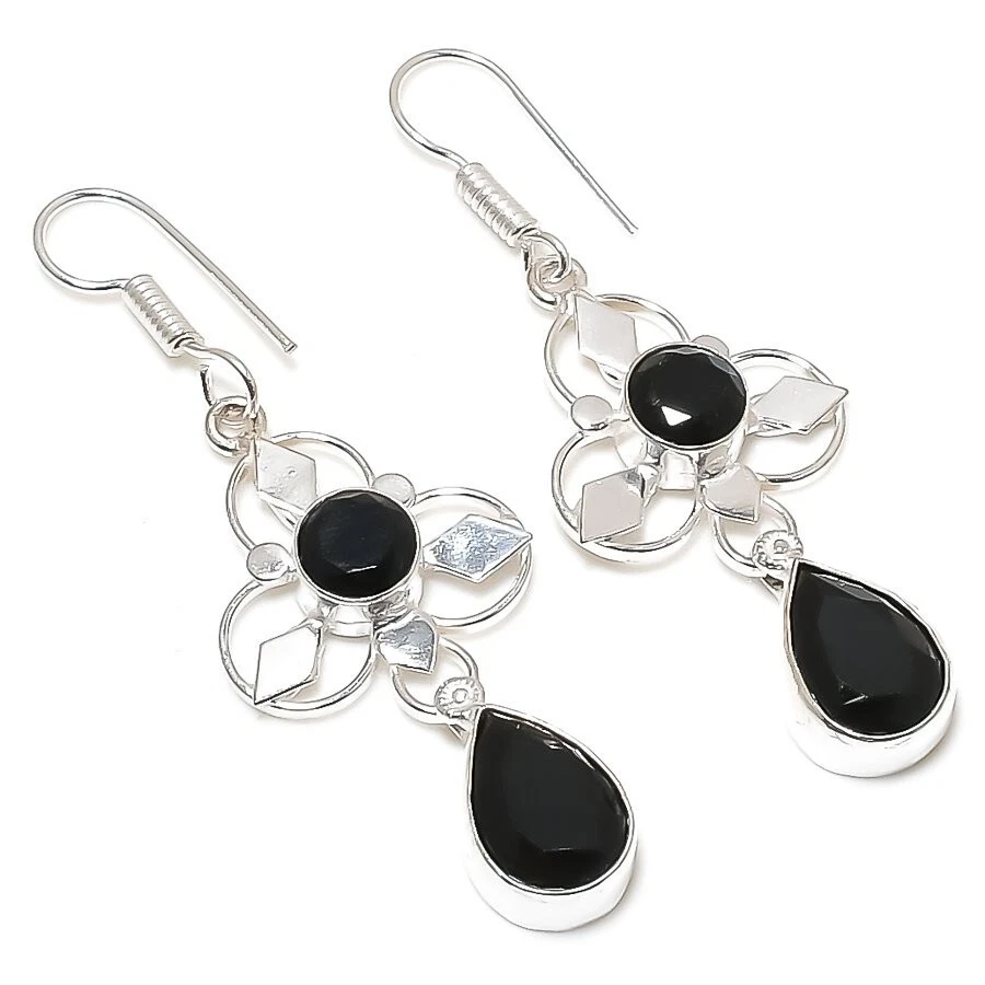 Black Spinel Gemstone Handmade 925 Sterling Silver Jewelry Earring Sz 2.2" - Image 1 of 1