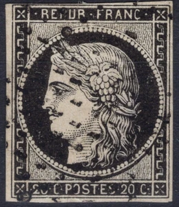 FRANCE CERES 20c NOIR SUR BLANC N° 3a AVEC OBLITERATION ROULETTE DE POINTS RARE - Picture 1 of 2