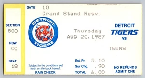 8/20/1987 Minnesota Twins @ Detroit Tigers MLB Baseball Ticket Stub - Picture 1 of 2