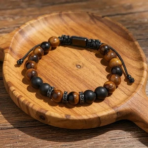 Natural Tiger Eye Black Tourmaline Stone Braided Warp Bracelet Protection Stone - Picture 1 of 7