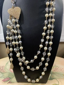 Vintage St. John Gold Gilt SJ Logo Crystal Glass Pearls Heart Necklace A6 - Bild 1 von 18