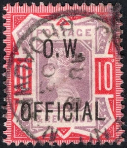 GB: 1896-1902 10d Dull Purple & Carmine Sg O35 OVPT O.W.OFFICIAL VFU Cat £2250 ~ - Picture 1 of 2