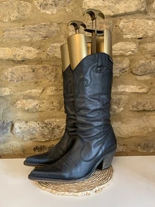 Sixty Seven Womens Black Embroidered Leather Cowboy Boots UK 5 EU 38 Western - Picture 1 of 22
