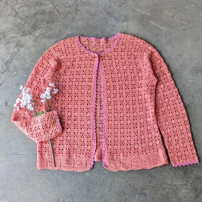 Suéter Cárdigan Abierto Vintage Curio Naranja Punto Rosa Borde Punto Foto 1 de 4