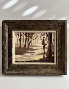Mini Acrylic Framed Winter Landscape Painting Monochrome Trees Stream Signed - Picture 1 of 11