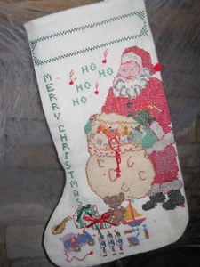 Rare Completed Cross Stitch Christmas Stocking SANTA & SACK OF TOYS 19" long - Picture 1 of 9