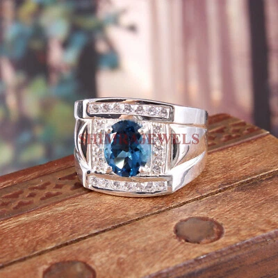 Natural London Blue Topaz Gemstone with 925 Sterling Silver Ring for Men's #173 - Image 1 of 3