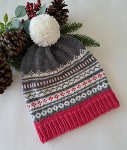 Handmade Knit Beanie Hat with Fair Isle Nordic Design, Adult L - Picture 1 of 3