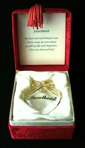 Vintage~SWEETHEART~Crystal~2"x1.75"~GLASS~Heart~BOW~Gold ~GIFT BOX~Mother's Day - Picture 1 of 13