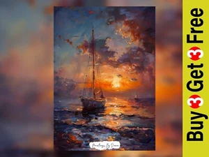 Fesselnder Segelboot Sonnenuntergang, Ölgemälde Druck 5"x7" auf mattem Papier - Bild 1 von 7