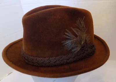 Vintage Rust Velour Stetson Hat Braided Trim Feather Accent - Image 1 of 4