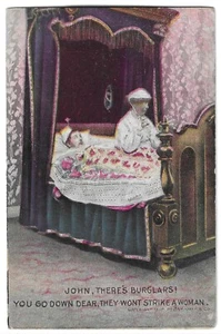 COMIC - BURGLARS - YOU GO DOWN DEAR, THEY WON'T STRIKE A WOMAN Bamforth Postcard - Bild 1 von 1