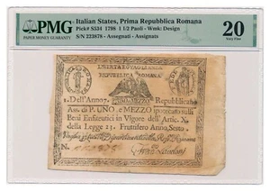 ITALIAN STATES (REPUBBLICA ROMANA) banknote 1 1/2 Paoli 1798 PMG VF 20 Very Fine - Picture 1 of 7