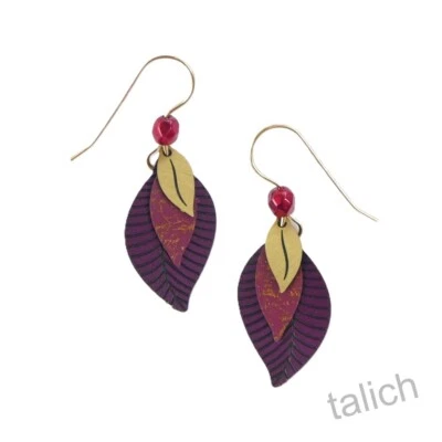 Adajio Earrings 14K Gold Filled Hook 3 Part Wine & Plum Brass Leaves Handmade - Image 1 of 4
