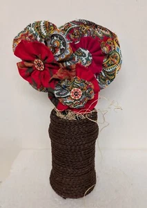 3 Rustic primitive shabby fabric flowers in twine wrapped glass vase natural - Picture 1 of 5